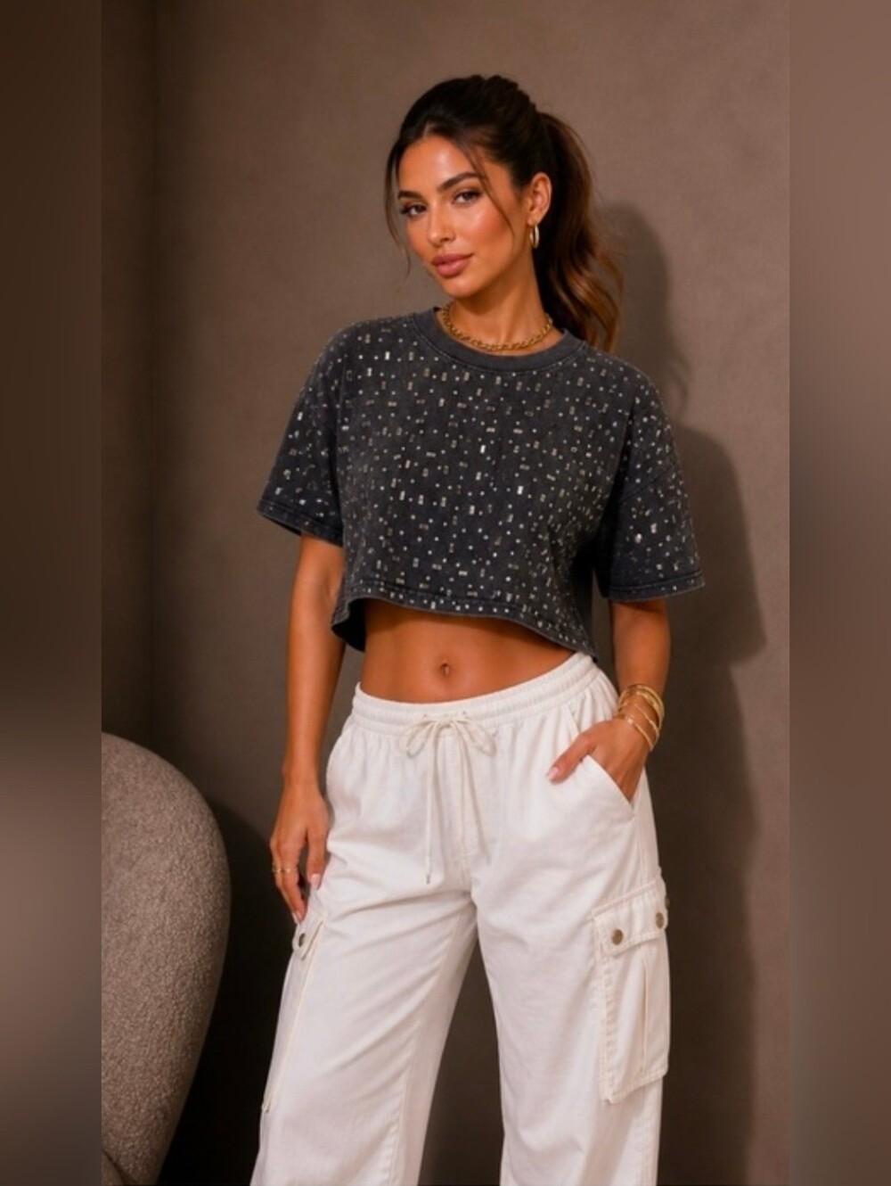 NWT Rhinestone Embellished Acid Washed Crop Top